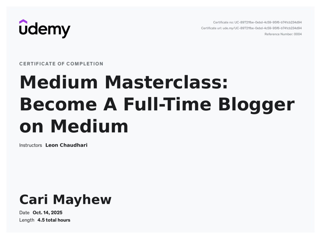 Medium Masterclass Certificate